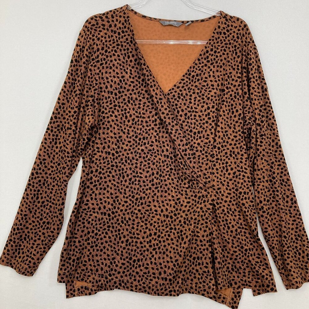 Lisa Rinna size XL Black Brown Animal Print V Neck Surplice Stretch Wrap Top